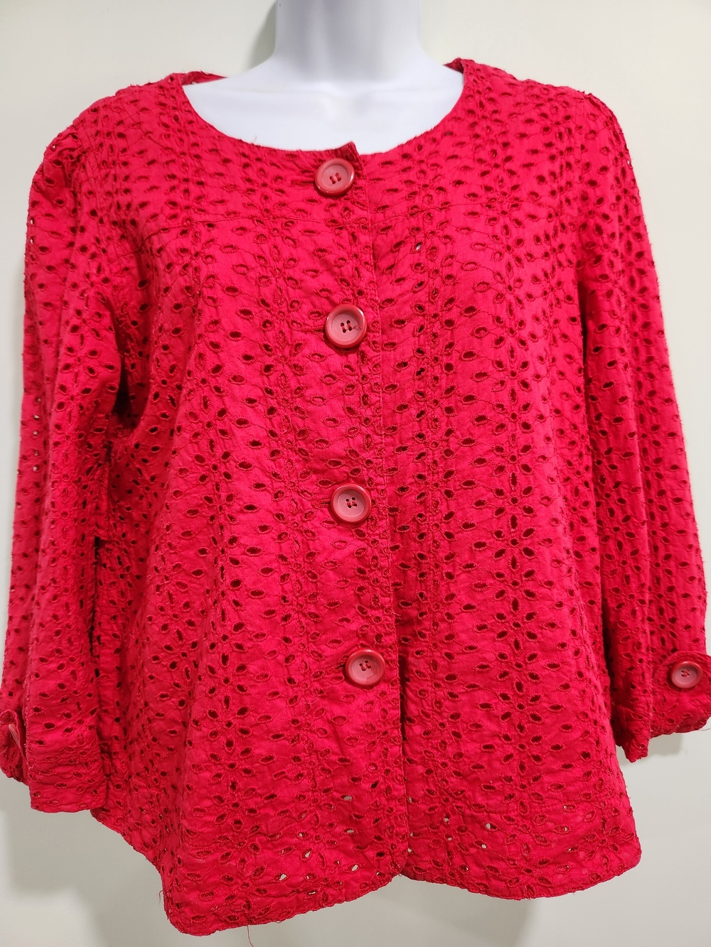 Tulle Bright Red Eyelet Button-Front Jacket